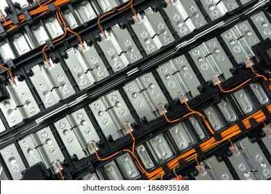 Selective focus of Electric car lithium battery pack and wiring connections internal between cells on background.	 - Shutterstock ID 1868935168