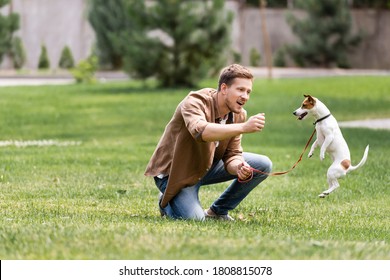 Selective Focus Of Excited Man Looking At Jumping Jack Russell Terrier In Park