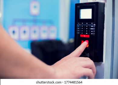 Selective focus to finger scan reader with finger is scaning on it. Electronic control machine with finger scan to access the door of control room or data center. The concept of data security.
