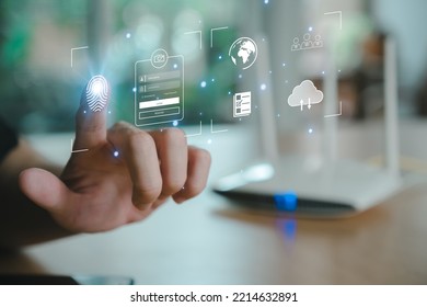 Selective Focus At Finger While Using Biometric Scan For Password Credential To Login To Internet Wireless Connection At Home. Network Security Of Internet Access Into Router With Futuristic Icon
