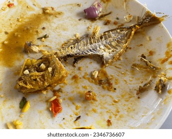 Selective focus Fish bones of mackerels. fishbone on dish. Bones and fish head isolated on white background. Remains of fried fish. food scraps.