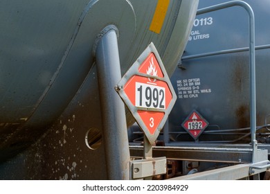 Selective Focus Of Flammable Hazardous Materials Sign (class 3) On Railroad Tank Car In New Orleans, Louisiana, USA