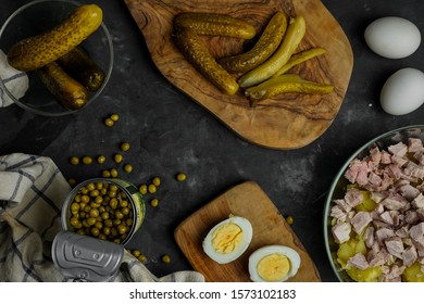 Selective Focus, Flat Lay, Ingredients For Olivier Salad