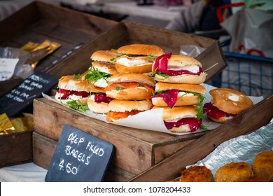 Selective Focus, Fresh Filled Bagels On Display At Kings Cross Real Food Market In London