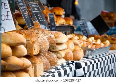 Selective Focus, Fresh Ourdough Breads On Display At Kings Cross Real Food Market In London