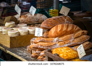 Selective Focus, Fresh Ourdough Breads On Display At Kings Cross Real Food Market In London