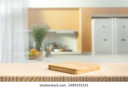 Selective focus.End grain wood counter top with cutting board on blur kitchen in morning window background.For montage product display or design key visual - Powered by Shutterstock