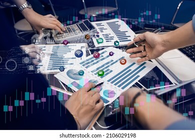 Selective Focus Of Hands. Businesswoman Team Working With Digital Finance Marketing Chart, Future Technology Innovation Interface Icons, Digital Transformation Stock Marketing Concept.