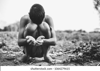 Selective focus. hands poor child begging you for help concept for poverty or hunger people, Human Rights,background text.