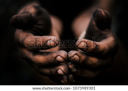 Selective focus. hands poor child begging you for help concept for poverty or hunger people, Human Rights,background text.