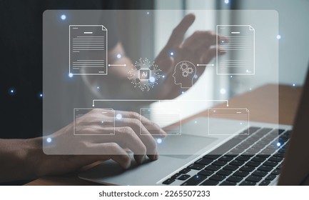 Selective focus at human hand while type or input a command to navigate chatbot or AI to get answer or information from big database. Artificial intelligence that can provide SEO or business info.
