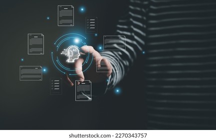 Selective focus at human hand while type or input a command to navigate chatbot or AI to get answer or information from big database. Artificial intelligence that can provide SEO or business info