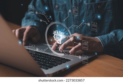 Selective focus at human hand while type or input a command to navigate chatbot or AI to get answer or information from big database. Artificial intelligence that can provide SEO or business info - Shutterstock ID 2273033857