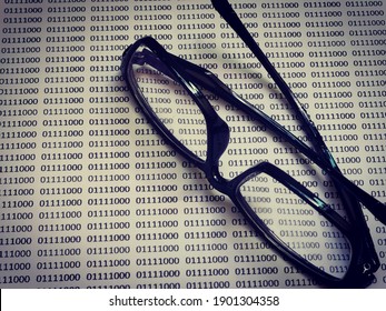 Selective focus image with noise effect of binary code paper and eye glasses.Digital electronic concept.