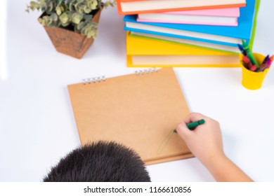 Selective focus or look over head boy action drawing something on blank template notebook or mock up sketchbook with stack of books on the white background or desk /back to school concept 