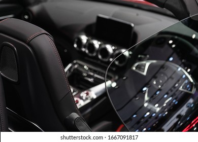 Selective Focus Of Luxuary Super Car Interior Design For Background. Supercar Sport Car Background Concept.