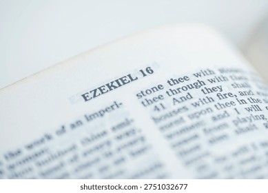 A selective focus macro shot of an open Bible page featuring the chapter title Ezekiel 16, showing text details with a shallow depth of field