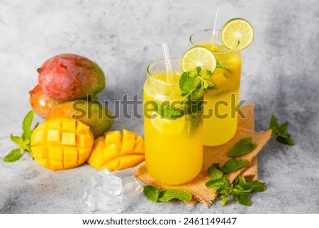 selective focus of mango mojito with a grey background. 