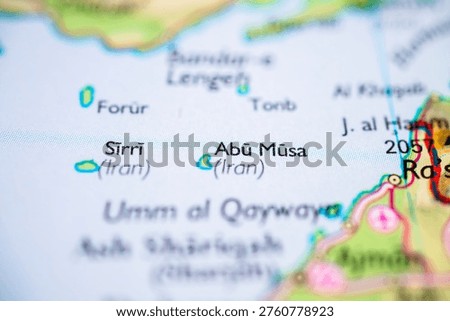 Selective focus map closeup of Sirri and Abu Musa islands near Gulf coast
