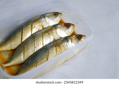 selective focus of marinated fish in a plastic comtainer against white background