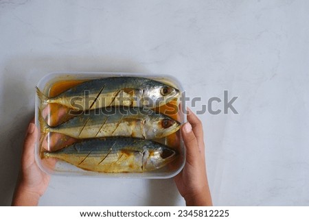 selective focus of marinated fish in a plastic comtainer against white background