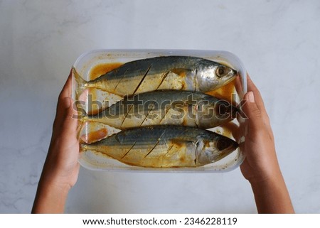 selective focus of marinated fish in a plastic comtainer against white background