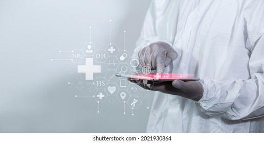 Selective Focus Of Medicine Doctor Touching On Tablet And Digital Healthcare And Network Connection With Modern Virtual Screen Interface Icons, Medical Technology And Network Concept. 