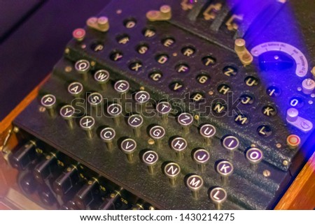 Selective focus, military enigma machine displayed at London science museum