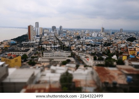 Selective focus, miniature by Tilt-shift. view to colorful houses on Santa Ana hill in Guayaquil, Ecuador. Selective focus..