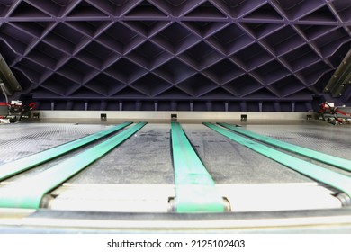 selective focus: offset printing Large Format Display Signage Industry Production. sign making and exposure machine. attractive green industrial belt.