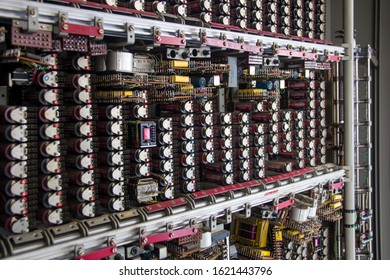 Selective Focus, Old Fashioned Manual Telephone Exchange Switchboard.switchboard Server Room Of The Data Center. 