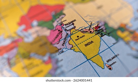 Selective focus on the border map between India and Pakistan and Kashmir or map of India and Pakistan.