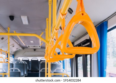 Selective Focus On Bus Strap Or Bus Holding Handle.