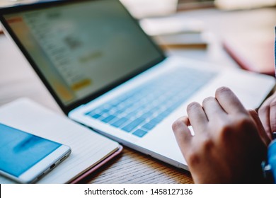 Selective Focus On Female Hands And Modern Laptop Computer With Wireless 4g Internet, Woman It Professional Creating Program Code For New Website Via New Netbook Connected To Free Wifi Indoors