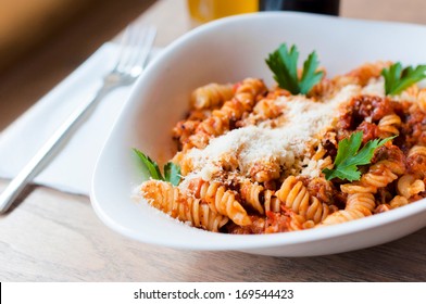 Selective Focus On The Front Side Of Bolognese Pasta In Bowl