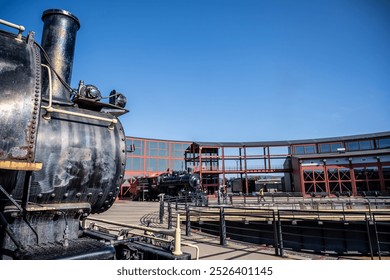 Selective focus on the front of a train at railyard of the Steamtown National Historic Site. 