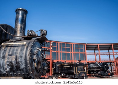 Selective focus on the front of a train at railyard of the Steamtown National Historic Site. 