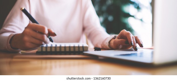 Selective focus on hipster girl writing interesting ideas for scenario for school performance while making research on content websites, woman typing text message via laptop keyboard for send reply - Shutterstock ID 1362160730