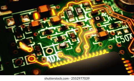 selective focus on a macro photo of an electronic circuit board and has black electronic components and orange neon line effects on the circuit.there is white code writing on the circuit