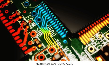 selective focus on a macro photo of an electronic circuit board and has black electronic components and orange and blue neon line effects on the circuit.there is white code writing on the circuit