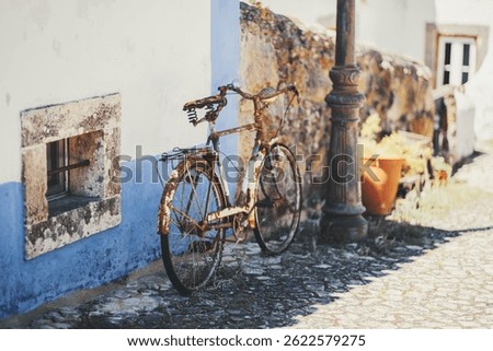Selective focus on an old, rusted bicycle leaning against a white and blue painted wall in a cobblestone alleyway, with blurred background of a quaint European village scene and terracotta pots
