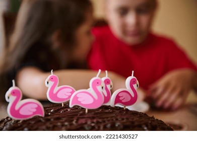 Selective Focus On The Pink Flamingo Candles, On The Birthday Cake With Chocolate Icing And Nuts, On Blurred Background Of Charming Diverse Kids, Having Fun At Birthday Party. Celebration. Anniversary