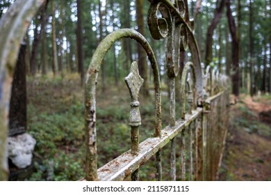 Selective focus on a rusted, wrought iron fence in a large, forested cemetery plot in the Pacific Northwest