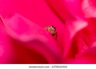 selective focus on a tiny jumping spider on a pink rose in Adelaide, South Australia