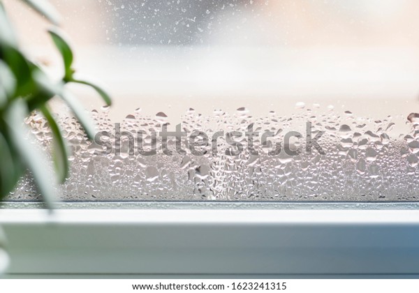 Selective focus on water condensation on\
window glass. Humidity in the house. Home\
moisture.