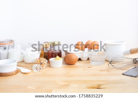 Selective focus on wood.Cooking breakfast food or bakery with ingredient and copy space of table.For background product display.healthy eating