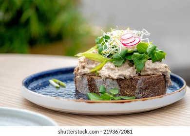 Selective Focus Of Open Sandwich In A Plate With Salad On Top, Brown Bread With Mixed Tuna And Vegetables On Table, Lunch Menu Dishes On Outdoor Terrace In Summer.