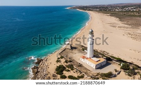 Selective focus. Panoramic view of trafalgar lighthouse and beach