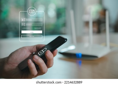 Selective focus at people hand while using smartphone to type password credential to login to Internet wireless connection at home. Network security of internet access into router with futuristic icon - Shutterstock ID 2214632889