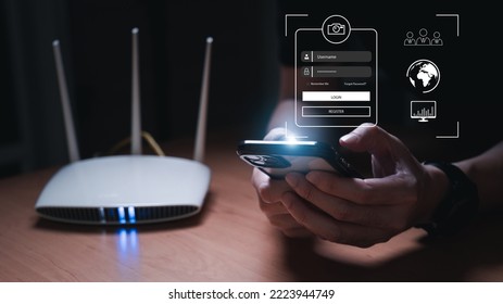 Selective Focus At People Hand While Using Smartphone To Type Password Credential To Login To Internet Wireless Connection At Home. Network Security Of Internet Access Into Router With Futuristic Icon